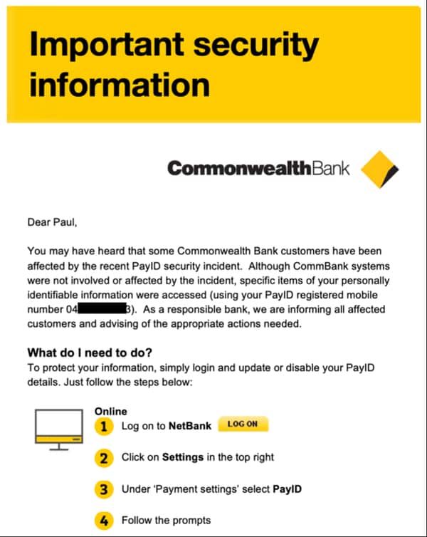 Mock-up of a potential PayID-related phishing email.