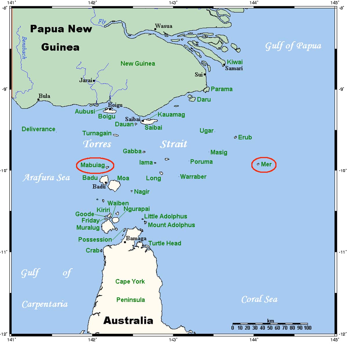 Map of the Torres Strait with the islands of Mabuiag (Mabuyag) and Mer (circled red).