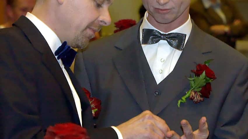 Gert Kasteel, left, and Dolf Pasker become one of the first same-sex couples in the world to wed on April 1, 2001.