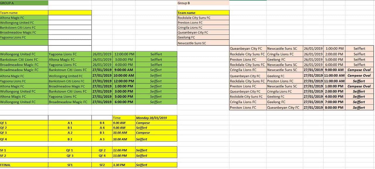 Senior teams groups and schedule