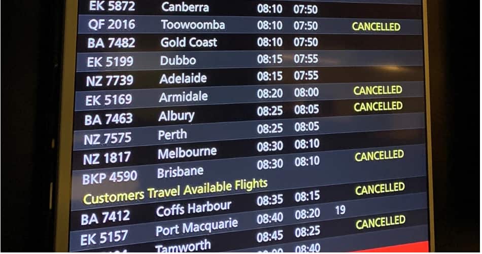 flight cancelled sydney rain