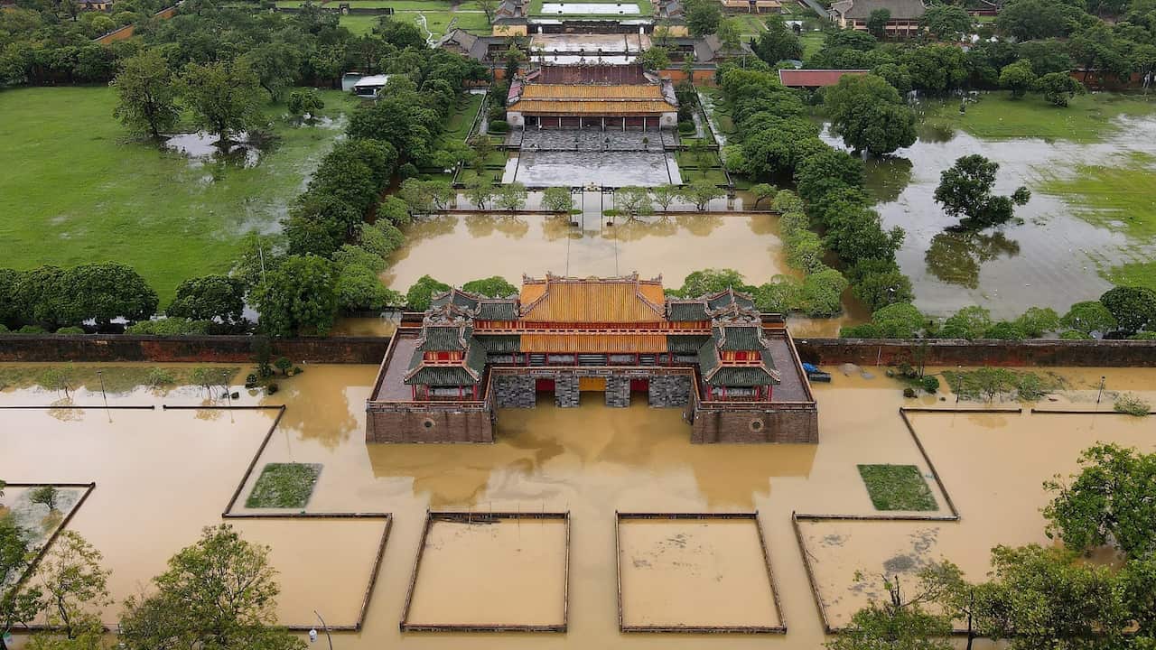An aerial picture shows the Imperial City of Hue, submerged in floodwaters 
