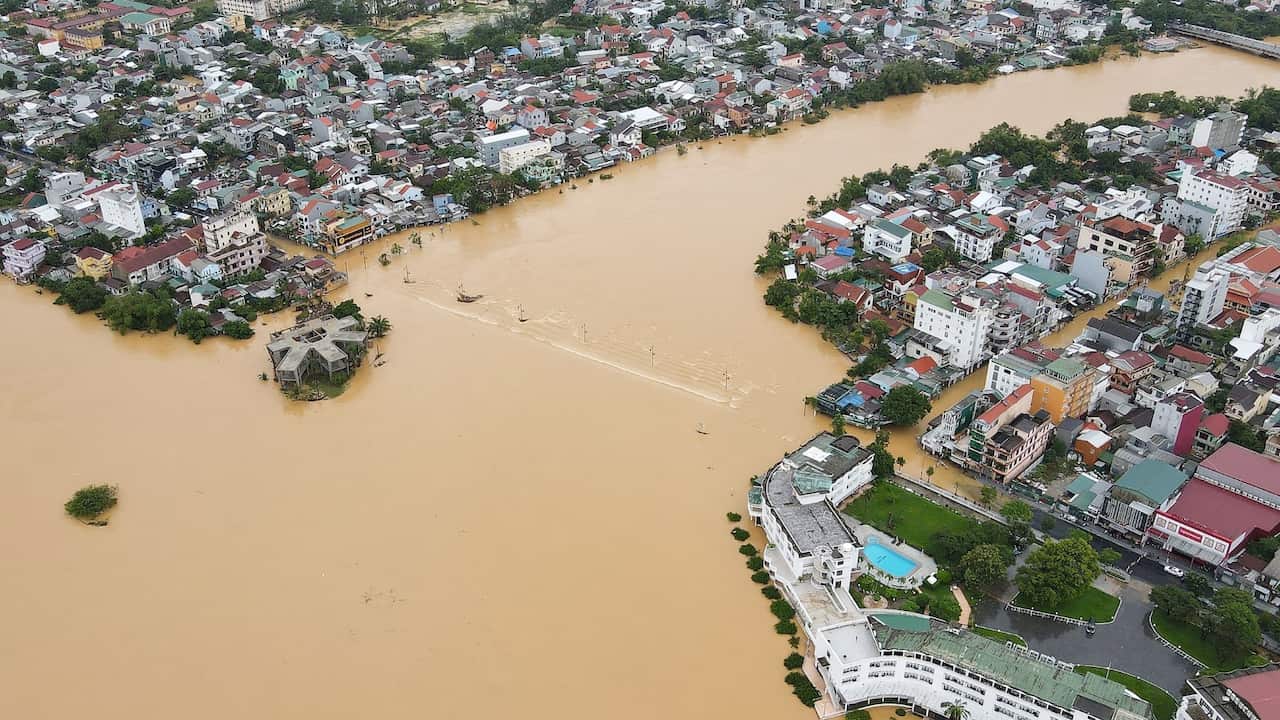 An aerial picture shows Hue city, submerged in floodwaters 