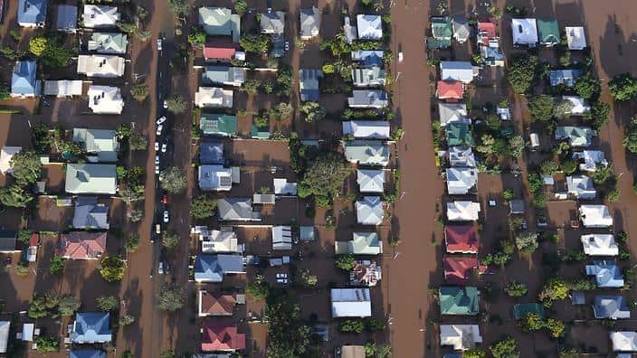 An aerial photograph of floodwaters engulfing housing in central Lismore, New South Wales, Friday, March 31, 2017. The Wilsons River breached its banks early this morning flooding, the far-northern NSW town