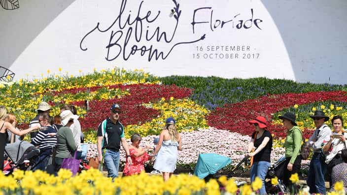 Visitors are seen at the 2017 Floriade flower show in Canberra, Friday, September 22, 2017. Floriade is celebrating its 30th anniversary and will open from September 16 to October 15, 2017. (AAP Image/Lukas Coch) NO ARCHIVING