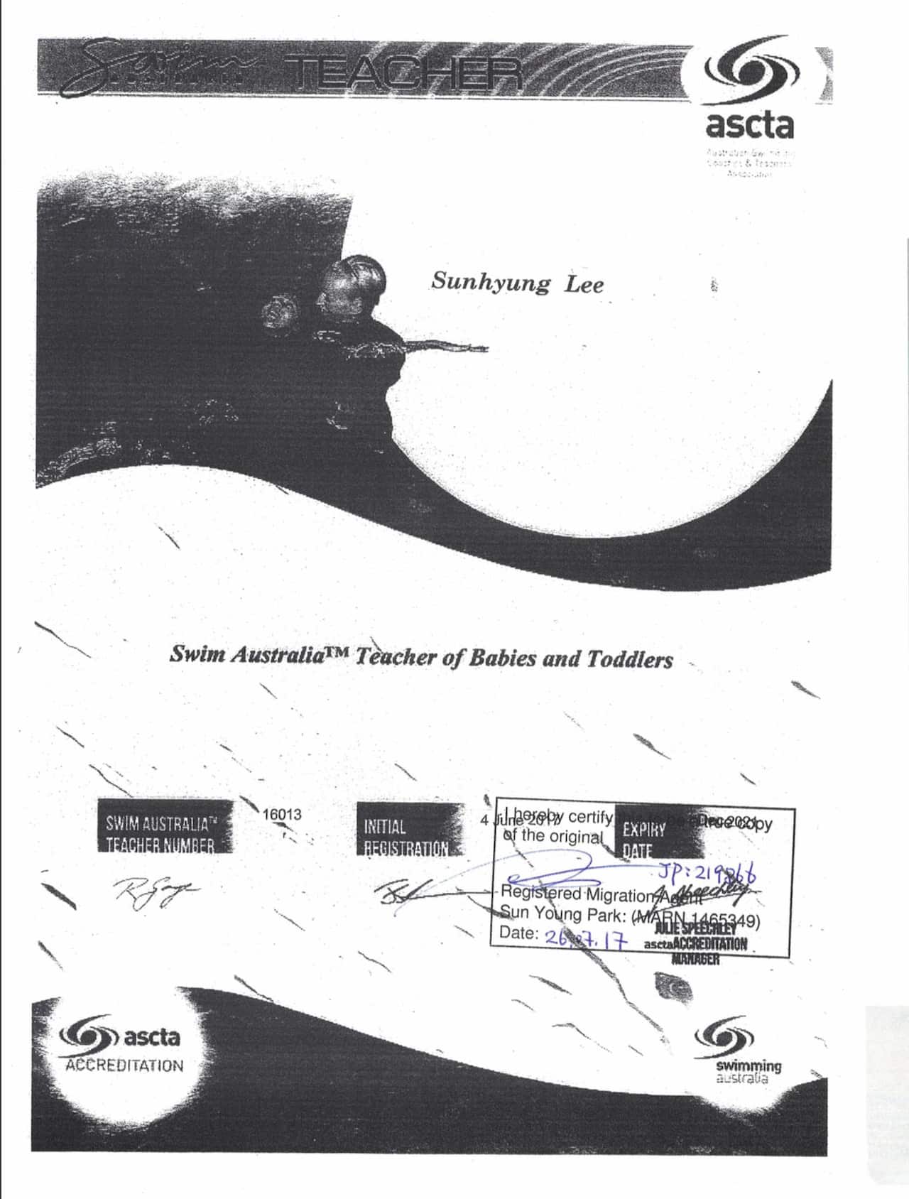 The forged teaching certificate confirmed by Australian Swimming Coaches & Teachers Association