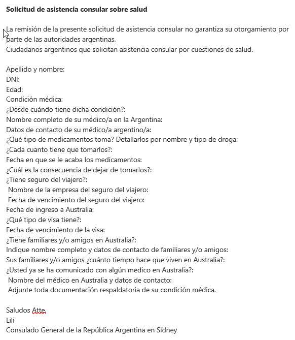 Formulario del consulado argentino para determinar la situación de un solicitante de ayuda.