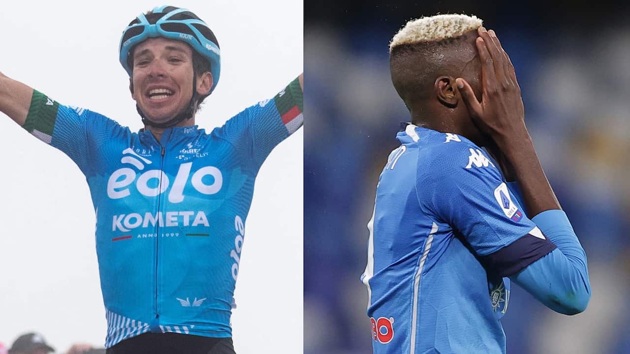 Lorenzo Fortunato vince sullo Zoncolan la 14ma tappa del Giro d'Italia. L'attaccante del Napoli Victor Osimhen si dispera dopo il pareggio col Verona