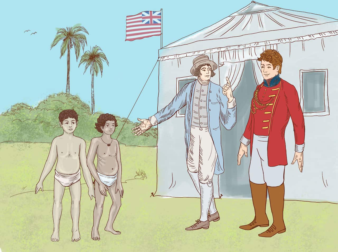 Artist's illustration of Macquarie surveying the boys