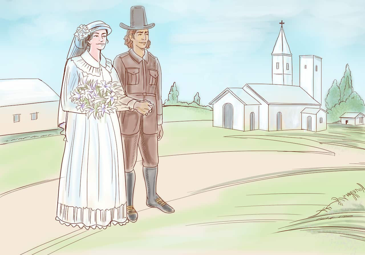 Artist's illustration of George Jarvis with his wife Mary Jelly.