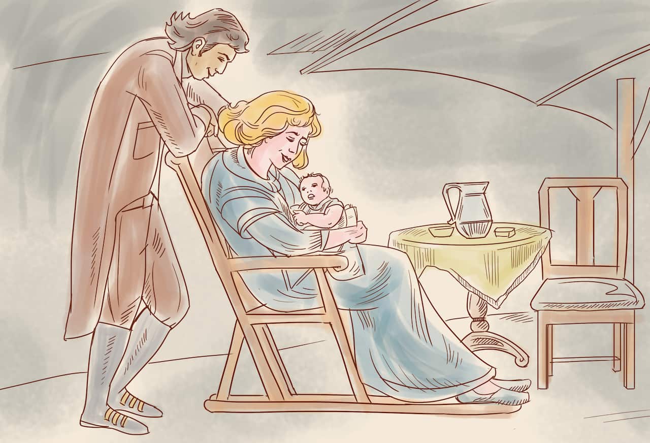 Artist's illustration of George Jarvis with his wife Mary Jelly and daughter Elizabeth.