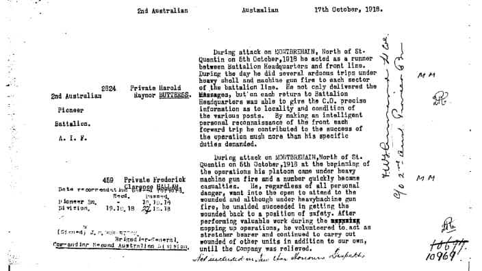 Recommendation file for honours and awards, AID, 1914-18 War