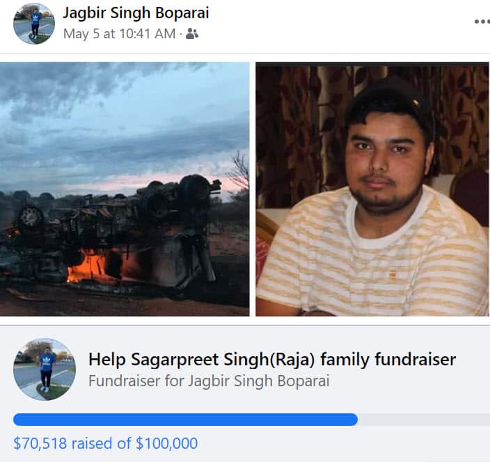 Facebook fundraiser (screenshot on Friday 7 May) that was started to support Mr Singh's family back in Punjab, India.