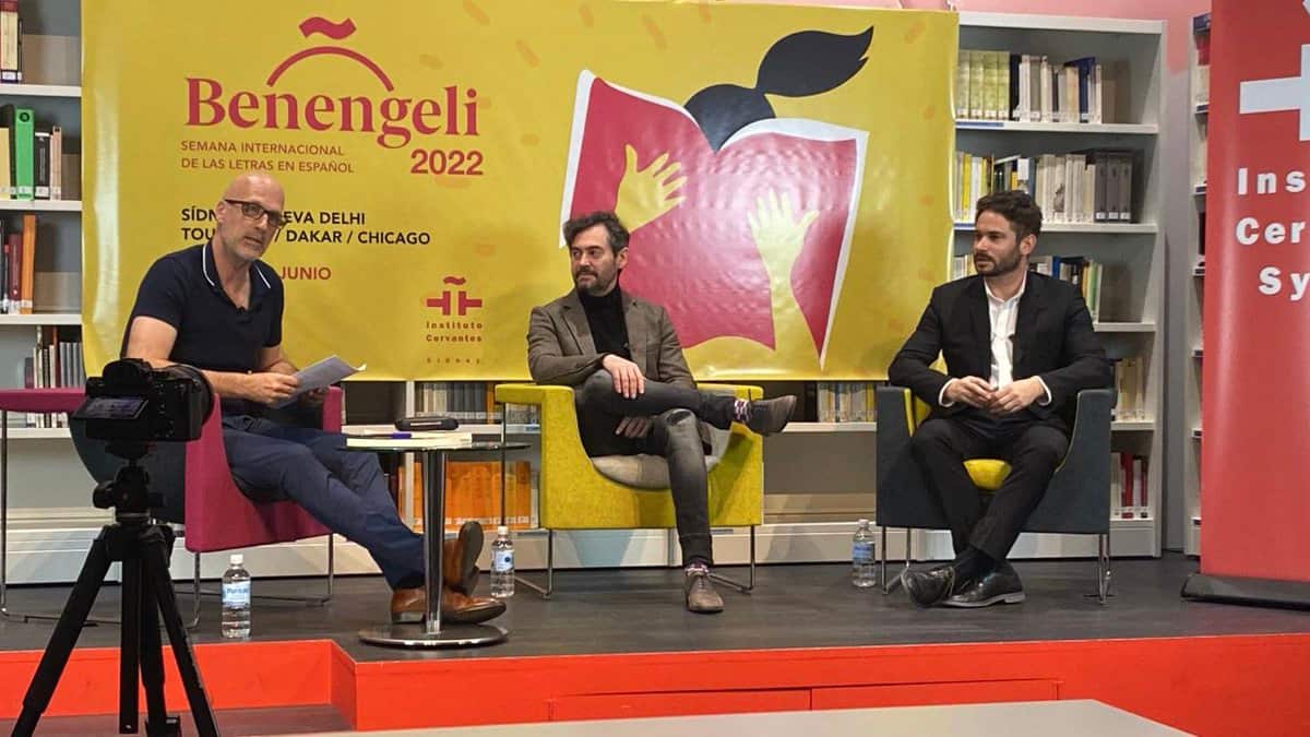 Cultural historian, hispanist Luke Stegeman with writers Javier Moreno and Andrew Pippos, at the Cervantes Institute, Sydney.