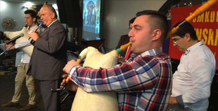 Macedonian bag pipe players and kaval player