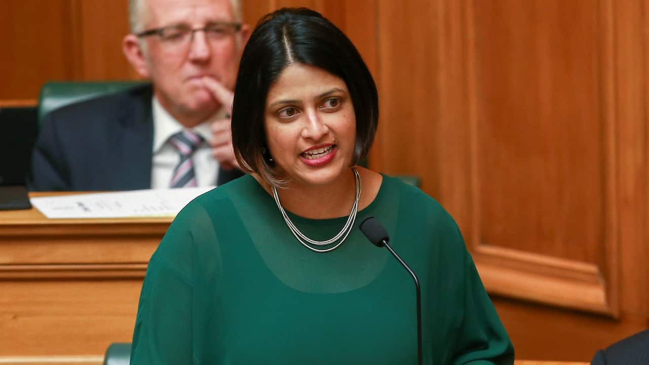 Labour MP Priyanca Radhakrishnan speaks in the House while fellow MP Rino Tirikatene looks on at Parliament on April 02, 2019 in Wellington, New Zealand. Parliament was suspended after 50 people were killed, and dozens are still injured in hospital after 