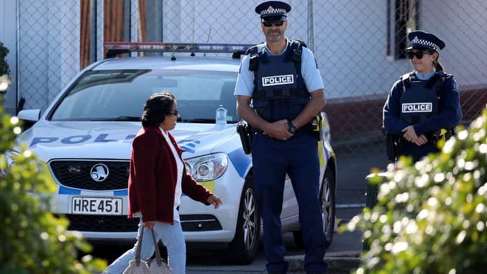 Police officers stand guard outside the Linwood mosque during Friday prayers in Christchurch on May 3, 2019, ahead of the holy month of Ramadan.