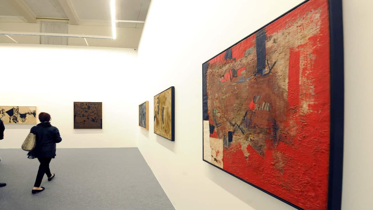 : The preview of the anthological exhibition "Burri - La Pittura Irriducibile Presenza" about the work of the italian artist Alberto Burri at Cini Foundation at San Giorgio Maggiore on May 09, 2019 in Venice, Italy.