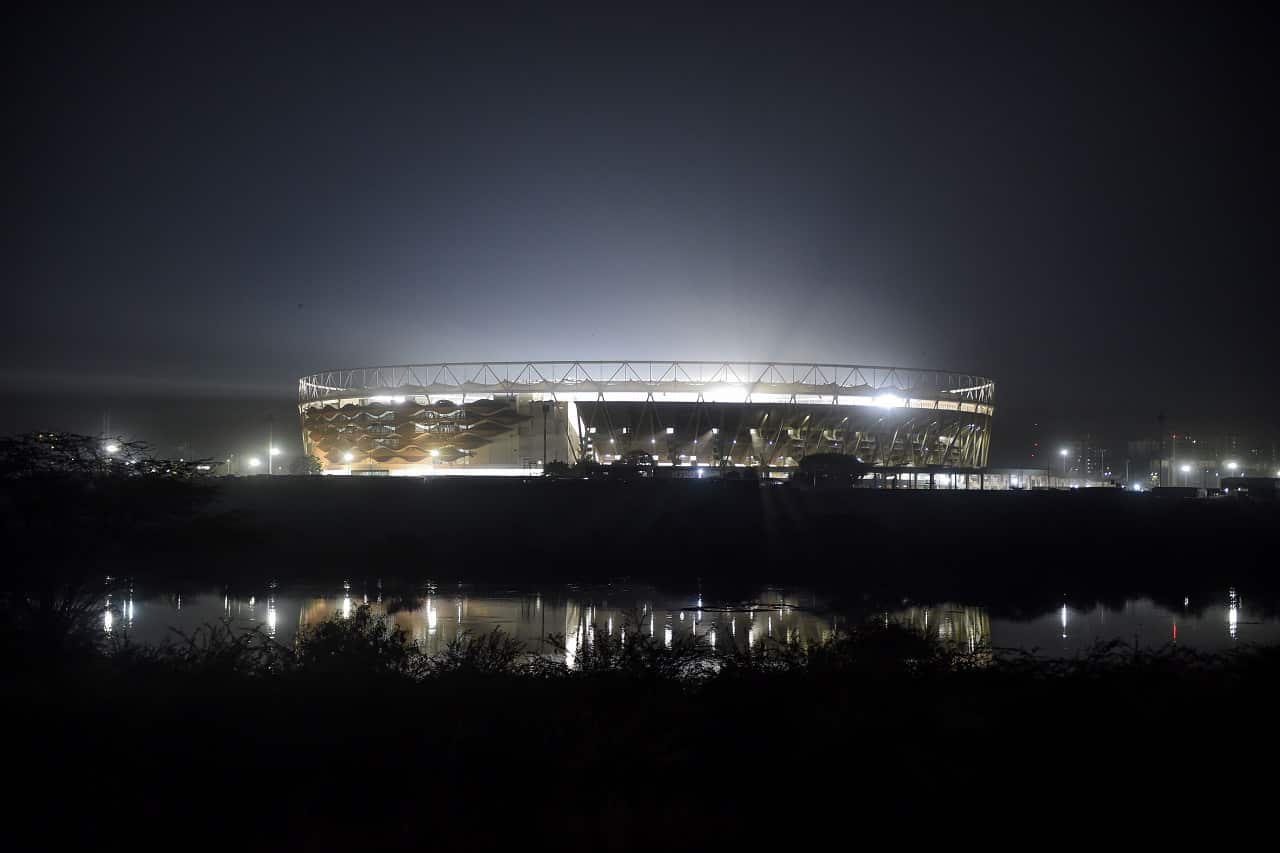 Motera Cricket Stadium, also known as Sardar Patel Stadium, is reflected on the surface of Sabarmati River.
