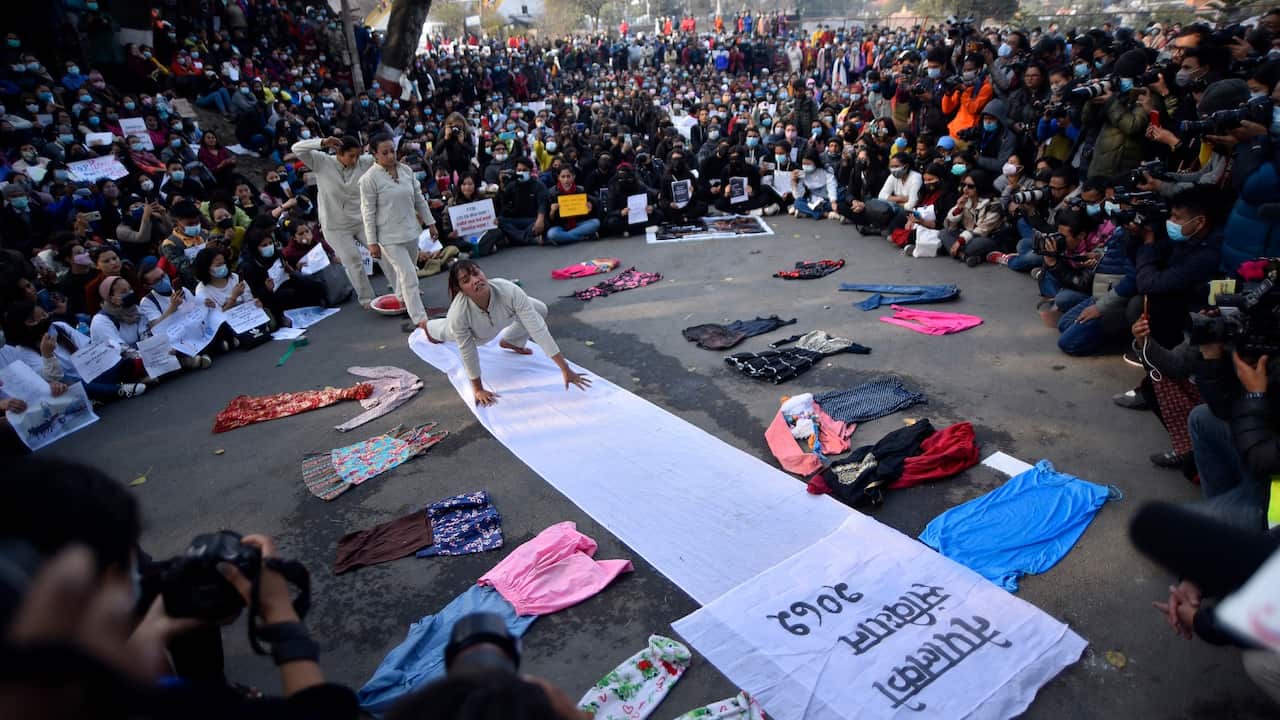 Nepalese artists perform drama on violence against women and rising rape cases in Kathmandu, Nepal.