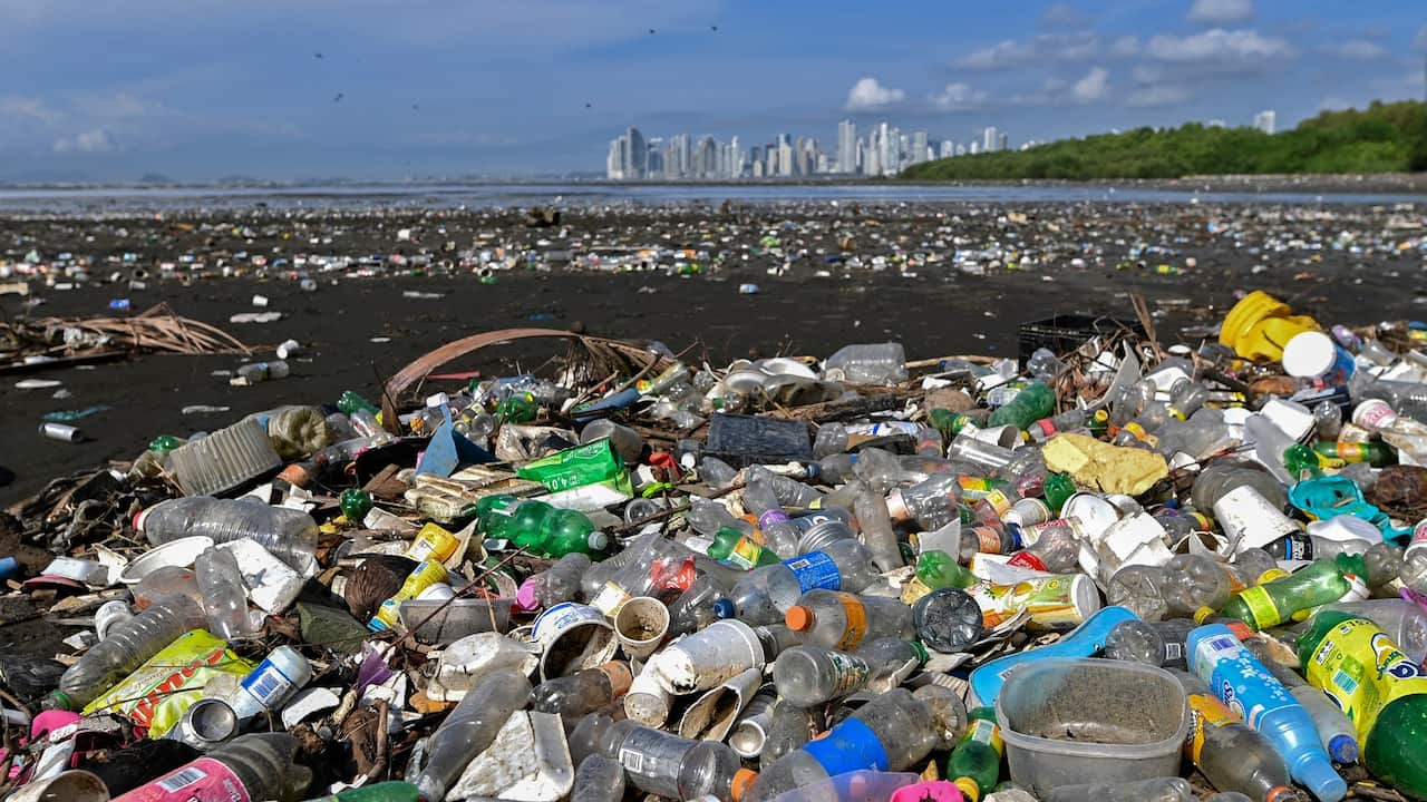Garbage, including plastic waste, is seen at the beach of Costa del Este, in Panama City, on April 19, 2021. 