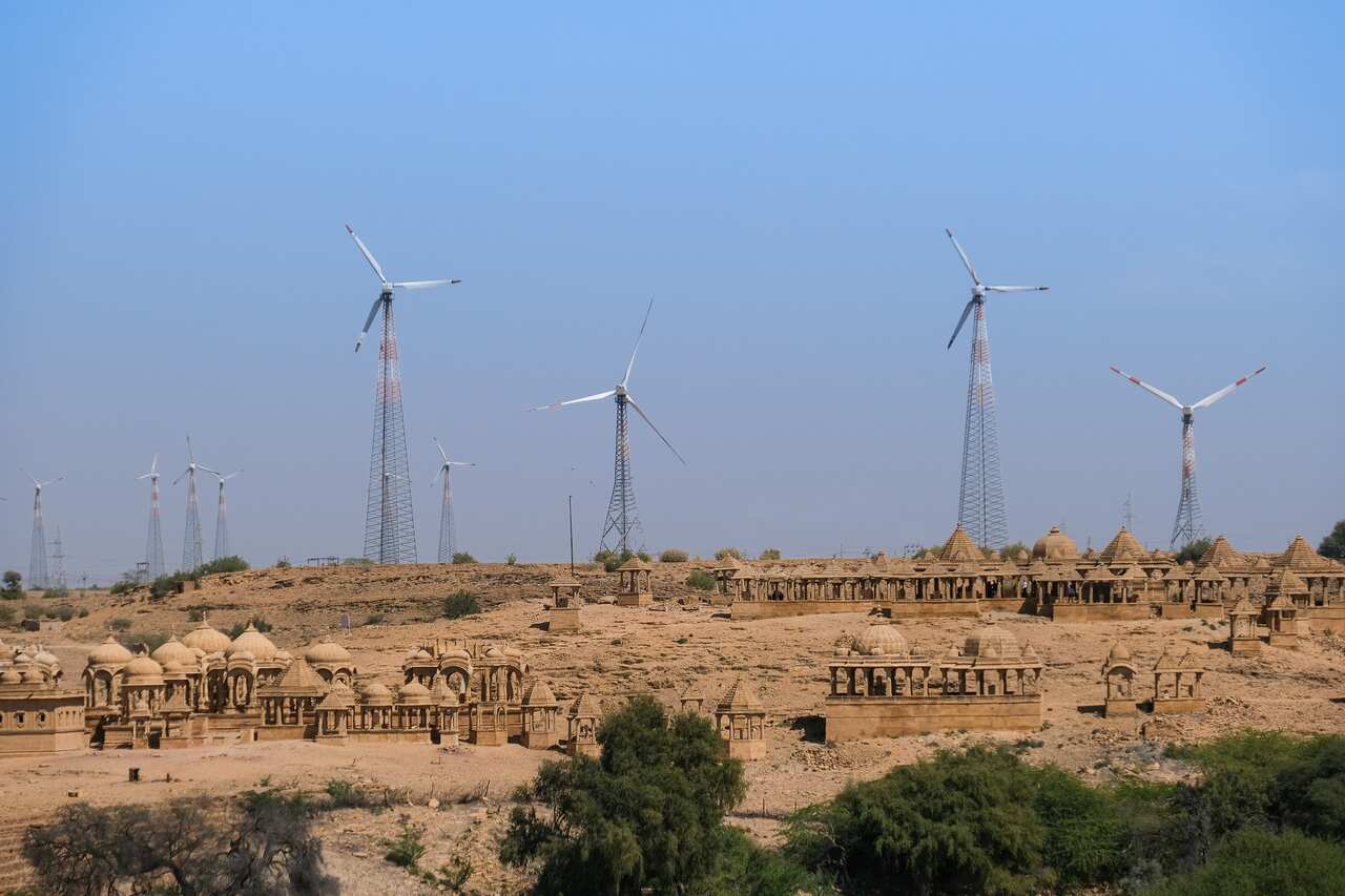Famous Cenotaph Of Bada Bagh In Front Of Wind Farm Against Clear Sky