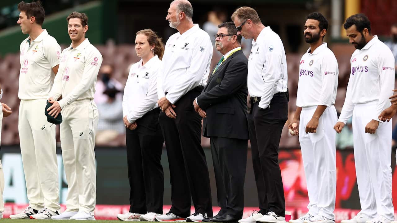 Fourth Umpire Claire Polosak looks on as she becomes the first female umpire to officiate in a Men's Test Match during day one of the 3rd Test match in the series between Australia and India at Sydney Cricket Ground on January 07, 2021 in Sydney, Australi