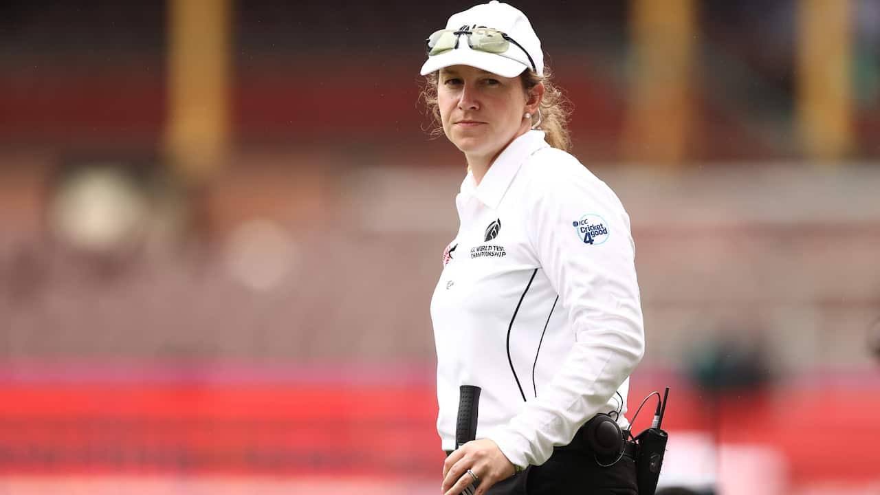 Fourth Umpire Claire Polosak looks on as she becomes the first female umpire to officiate in a Men's Test Match during day one of the 3rd Test match in the series between Australia and India at Sydney Cricket Ground on January 07, 2021 in Sydney, Australi