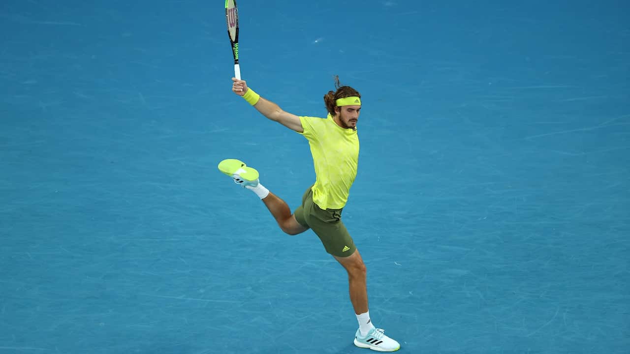 Stefanos Tsitsipas of Greece plays a backhand during his Men’s Singles Quarterfinals match against Rafael Nadal of Spain. 