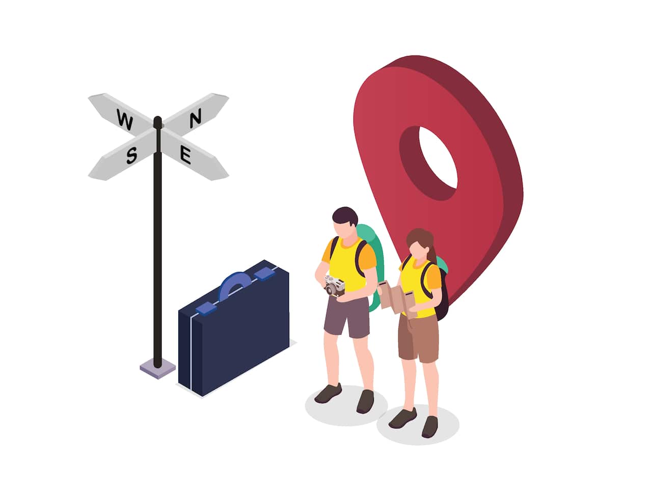 Tourism design concept: male and female tourist with gps map tag 3d isometric
