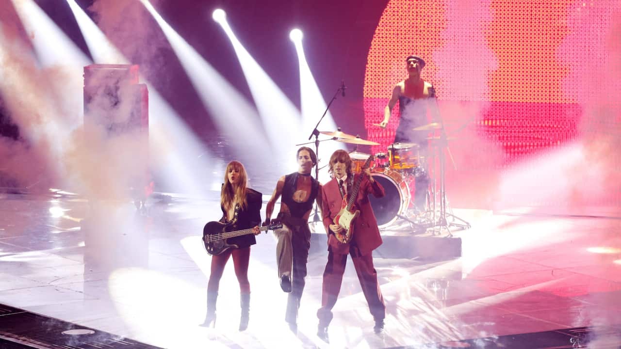 Maneskin perform on stage during the Grand Final show of the 66th Eurovision Song Contest at Pala Alpitour on May 14, 2022 in Turin, Italy.