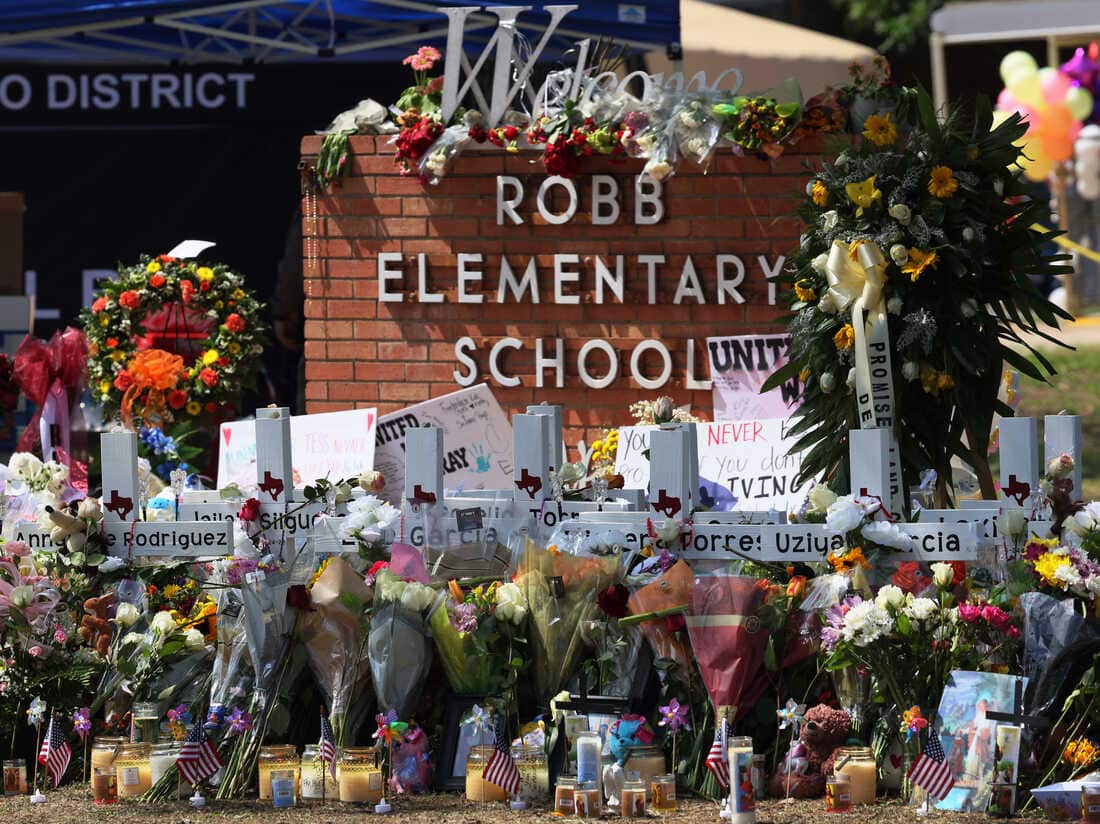 A memorial for the victims of the mass shooting at Robb Elementary School in Uvalde, Texas.