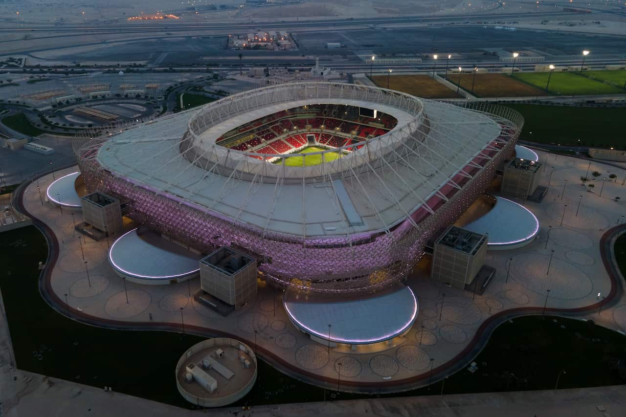 An aerial view of Ahmad Bin Ali stadium at sunset on June 23, 2022 in Al Rayyan, Qatar