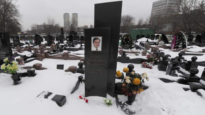The grave of lawyer Sergei Magnitsky who died after exposing Russian corruption.