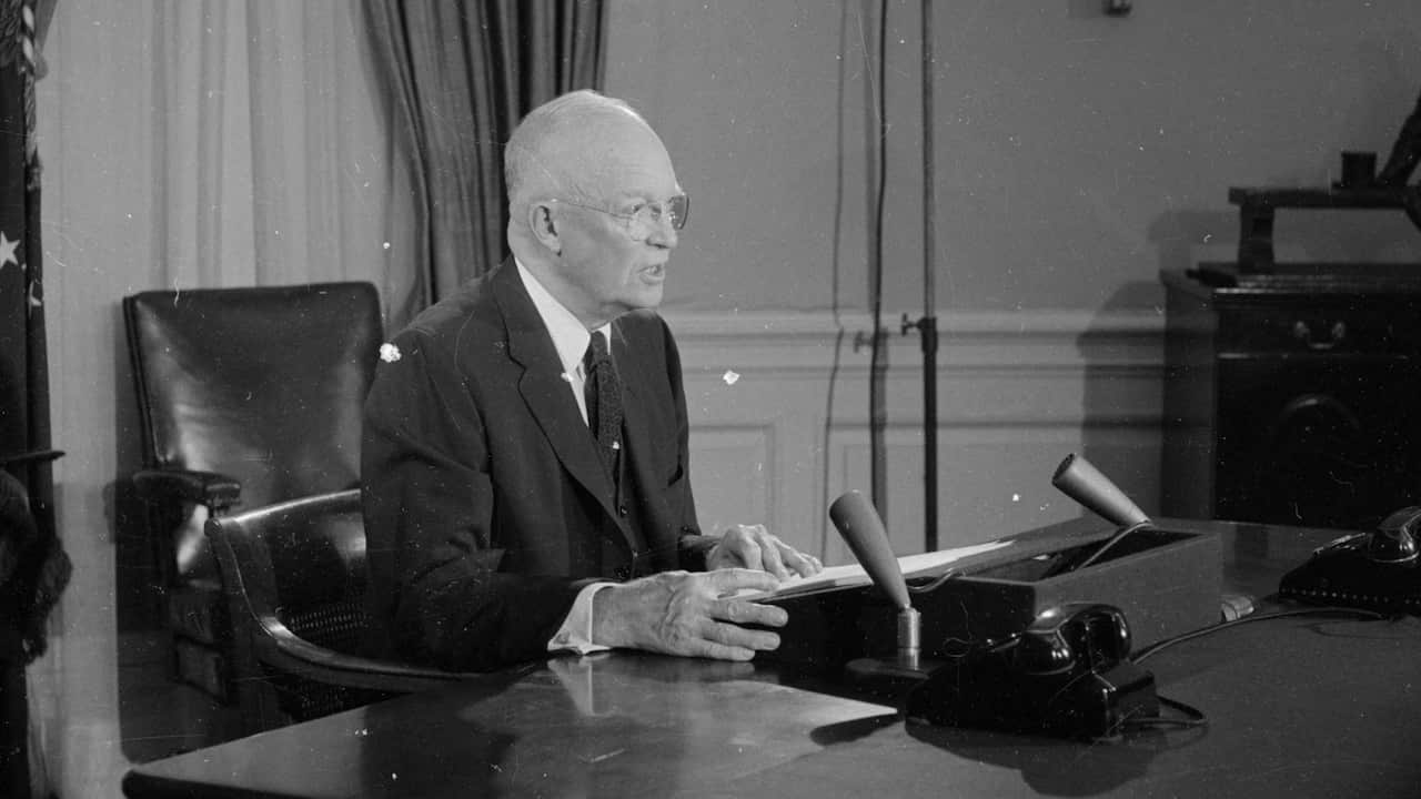 September 1958: American President and former Allied General, Dwight D Eisenhower, addressing the nation on American intervention in Formosa (now Taiwan). 