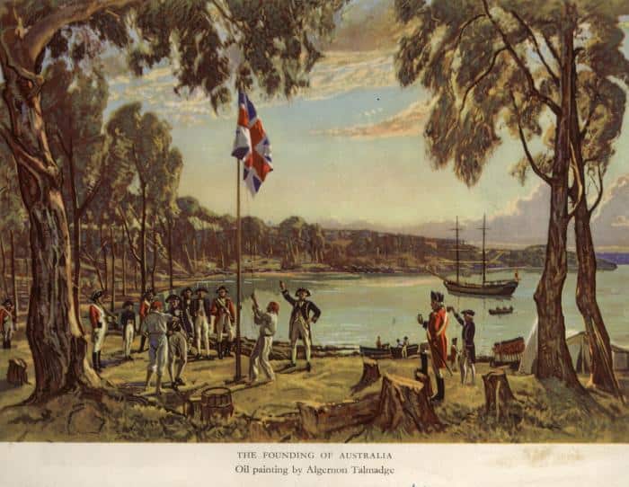 'Founding Of Australia' -painting by Algernon Talmadge. Captain Arthur Phillip raises flag to declare British possession at Sydney Cove, Australia, 26 Jan 1788