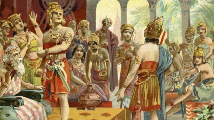 Mahabharata, Sanskrit epic poem. War council at Kuru. Liebig collectors' card 1931 (Photo by Culture Club/Getty Images)
