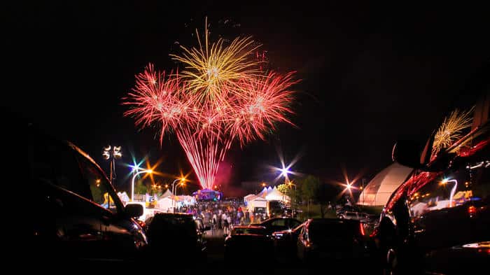 Fireworks exploding in a park with people watching