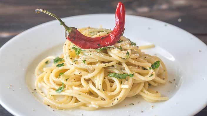 Spaghetti with olive oil, garlic and hot chilli