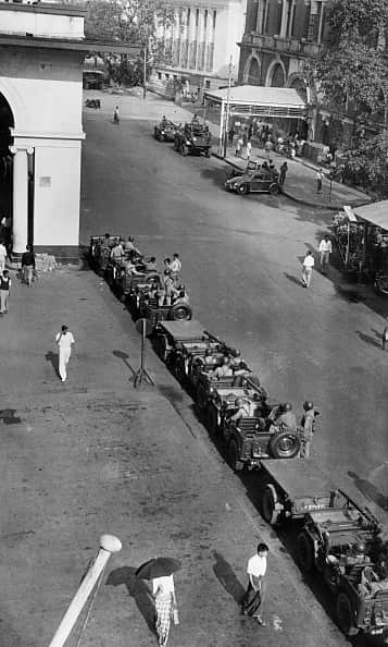 Military forces guard the streets of Rangoon, 04 march 1962, after the military putch commanded by General Ne Win. / AFP PHOTO / -        (Photo credit should read -/AFP via Getty Images)