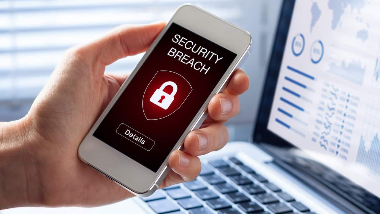 Security breach, smartphone screen, infected by internet virus, cyberattack hacking