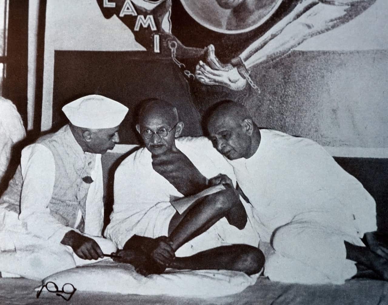 Mohandas Karamchand Gandhi with Sardar Patel and Jawaharlal Nehru