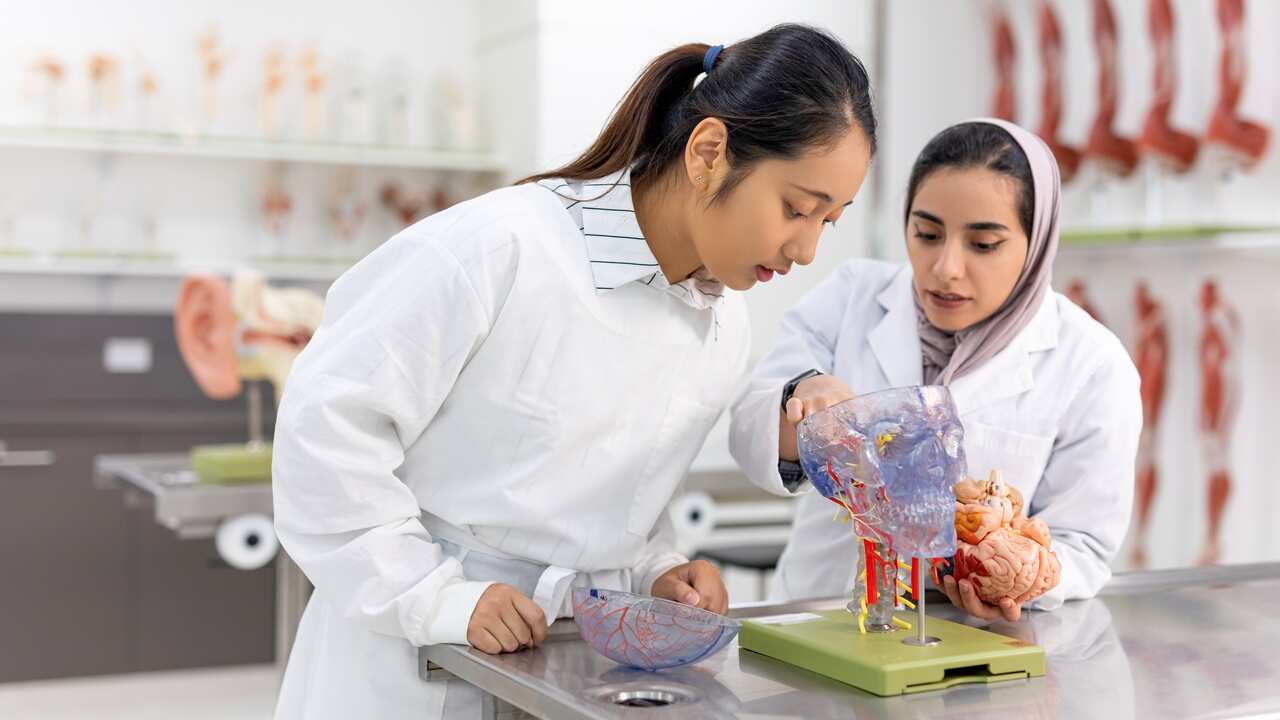 university lab, female medical students, Chinese ethnicity, Middle Eastern ethnicity 