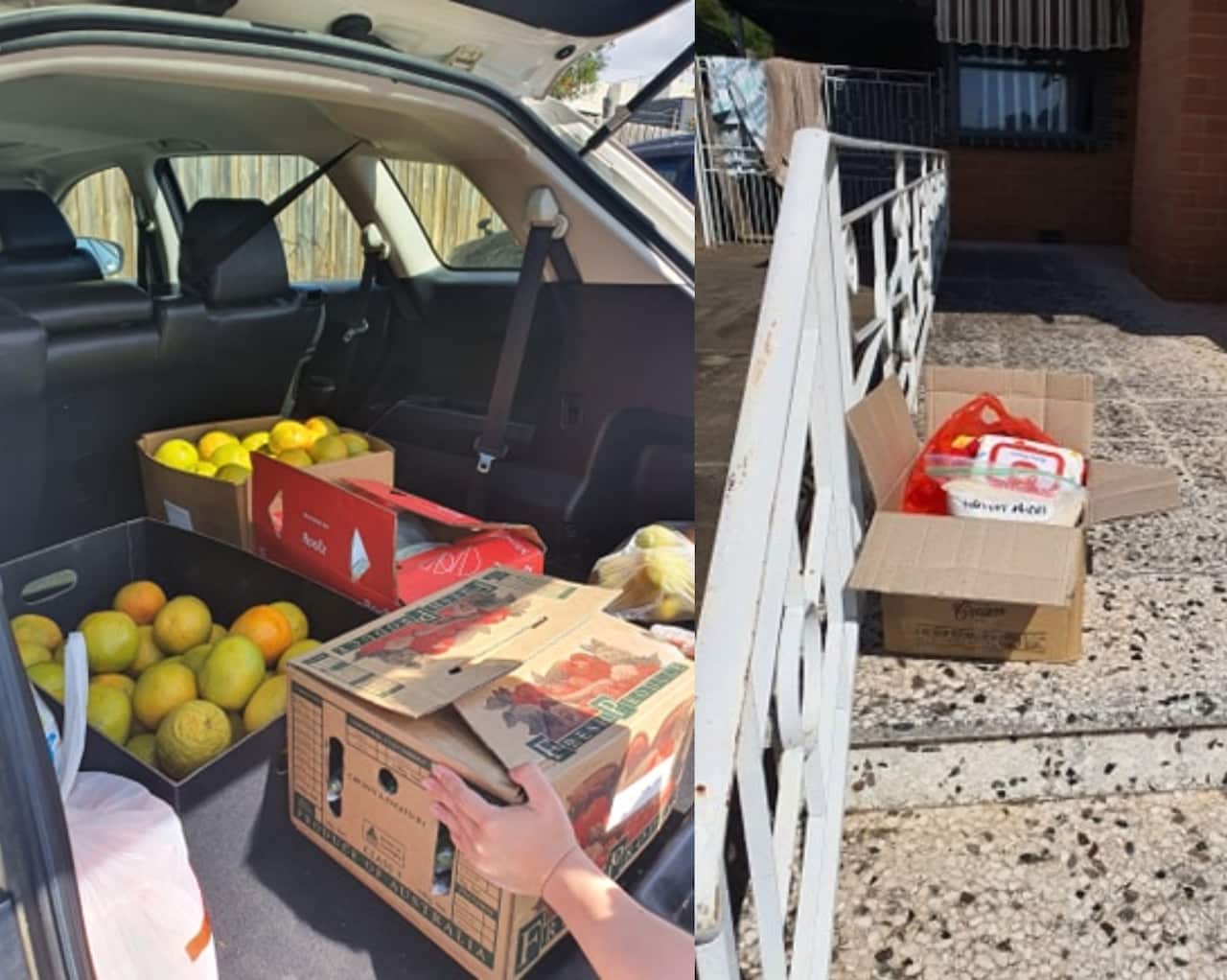 Những thùng hàng chứa gạo, thực phẩm và đồ dùng cần thiết được đặt trước cửa nhà.