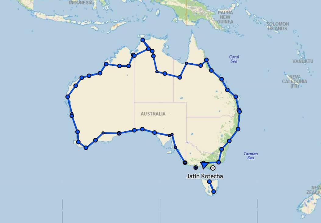Jatin's Grand Australian Ride Tracking Map, covering every state of Australia.