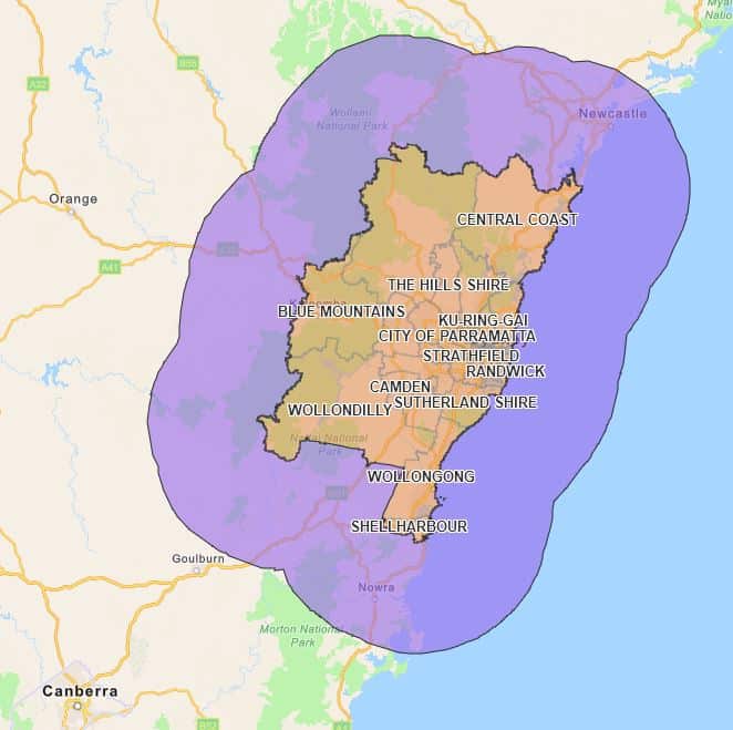 Map of 50km zone around Greater Sydney 