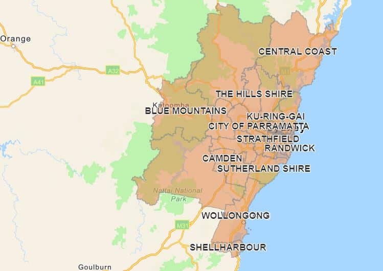 Greater Sydney, Central Coast, Shellharbour, Blue Mountains and Wollongong