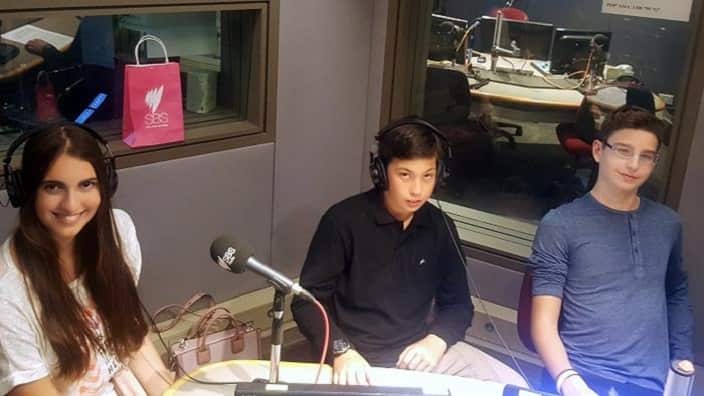 Students Christina Tampaki, Nikos Tsaousis, Giannis Steriopoulos from 1st Voula High School at SBS Greek studios. 