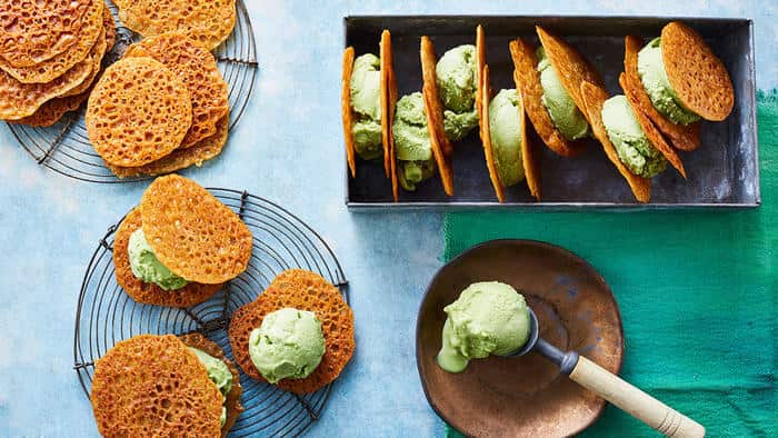 Green tea sorbet with ginger wafers covers both the matcha and dessert-sandwiches trends. (Brett Stevens)