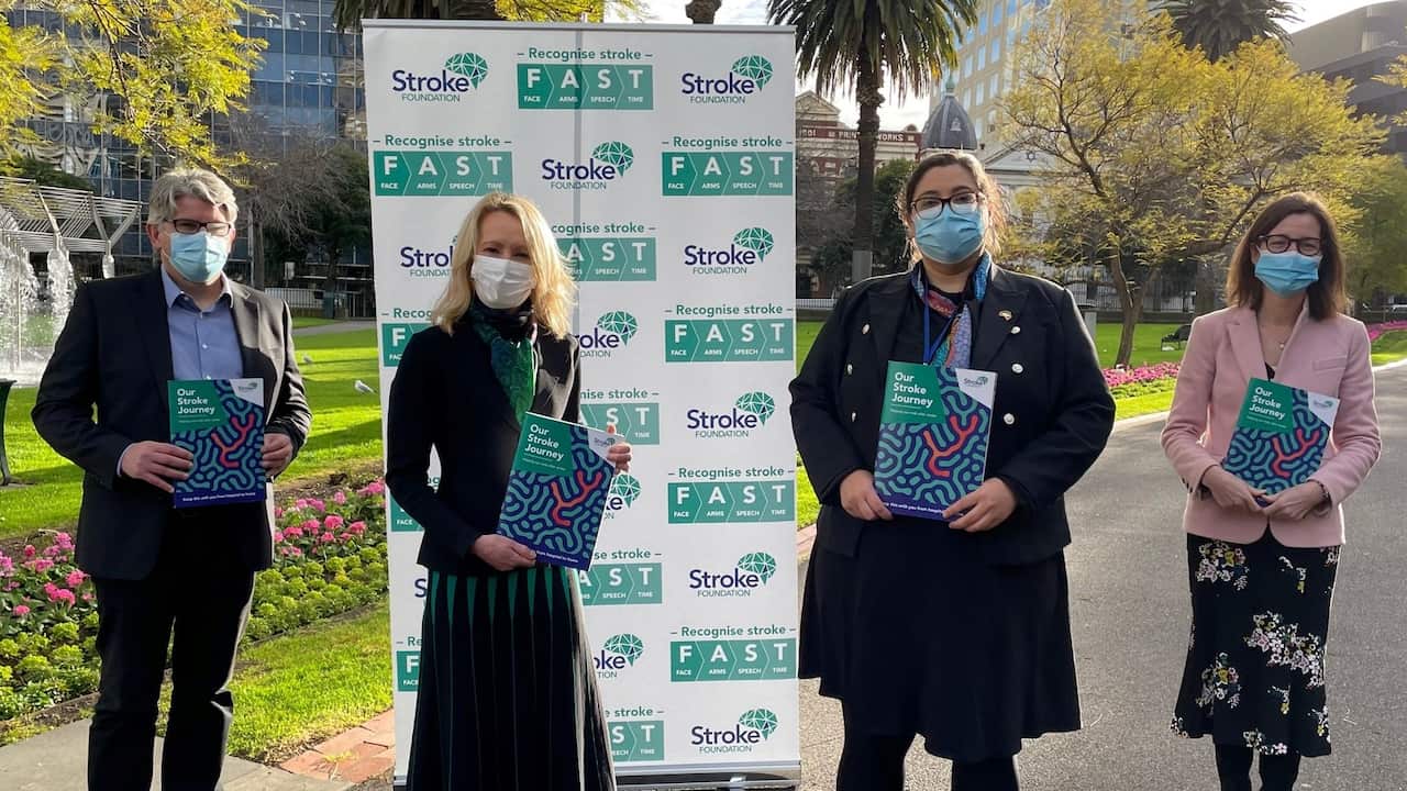 Victoria launch - Eammon O’Toole, Sharon McGowan, Sheena Watt MP for Northern Melbourne, and ED Stroke Services Lisa Murphy. Sheena is in the booklet with her mum.